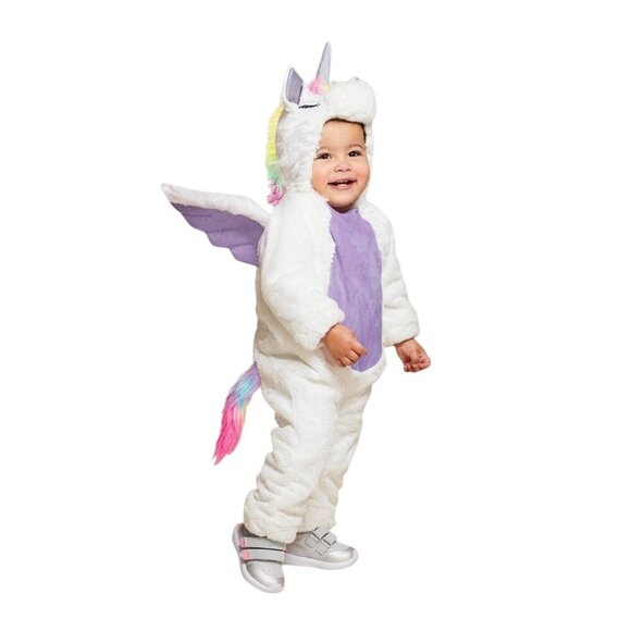 Infant Girls White & Purple Plush Unicorn Hooded Jumpsuit Pegasus Costume 0-6M - Picture 1 of 6